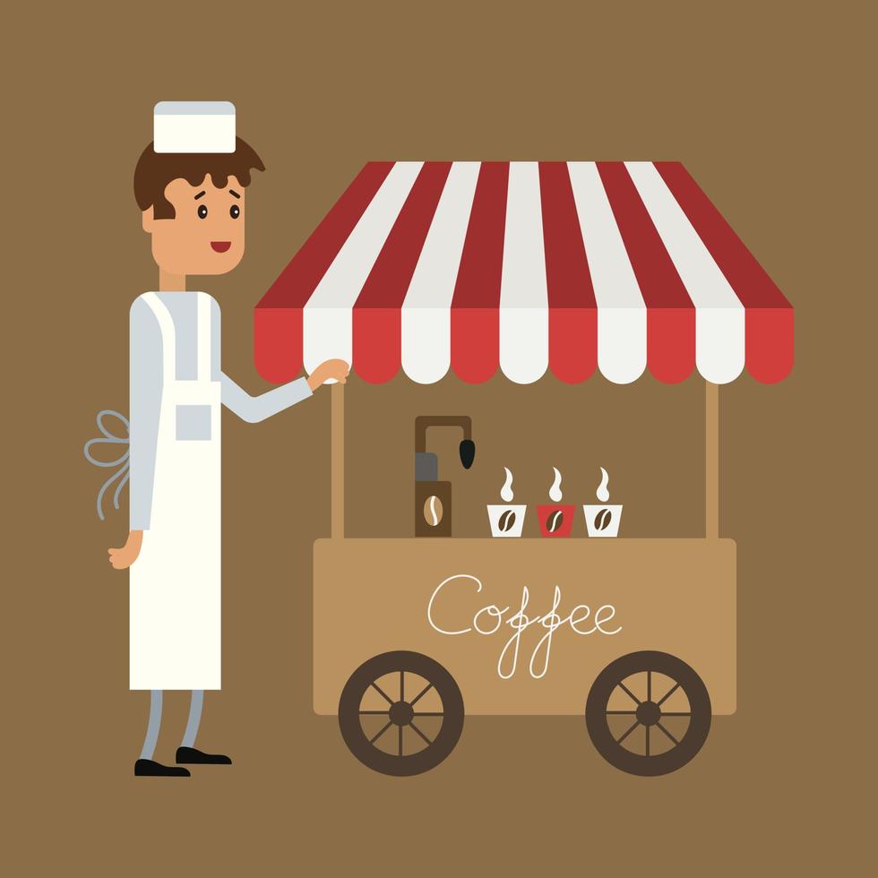 Coffee drinks vendor and street coffee kiosk. Flat style illustration, vector