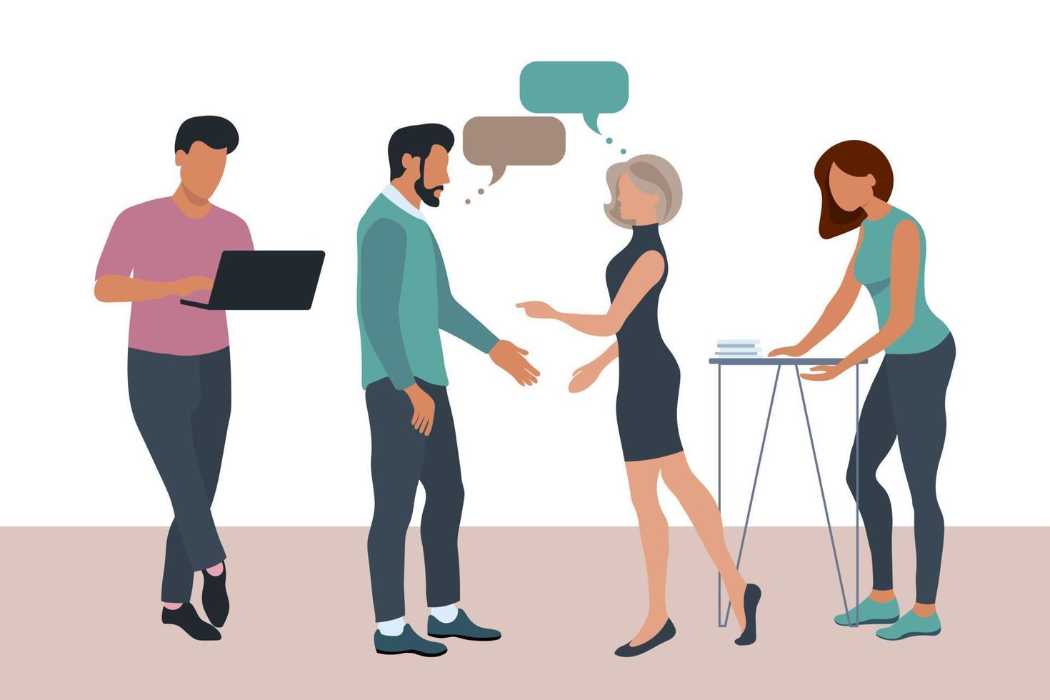 Teamwork concept. Young male and female managers, office workers with computers. Business concept. Illustration, vector