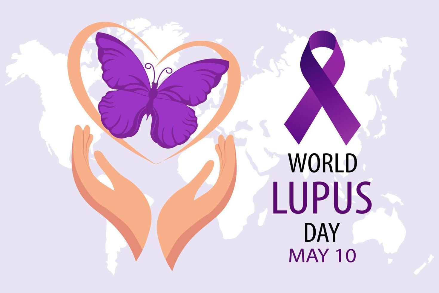 World Lupus Day, 10 May. Banner with a purple ribbon and a butterfly in the hands. Medical poster, vector