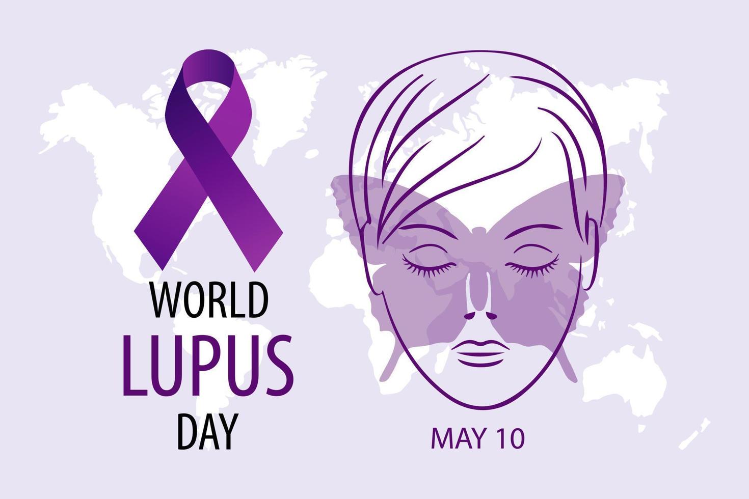 mundo lupus día, mayo 10, bandera. mujer cara con mariposa y púrpura cinta. médico póster, vector
