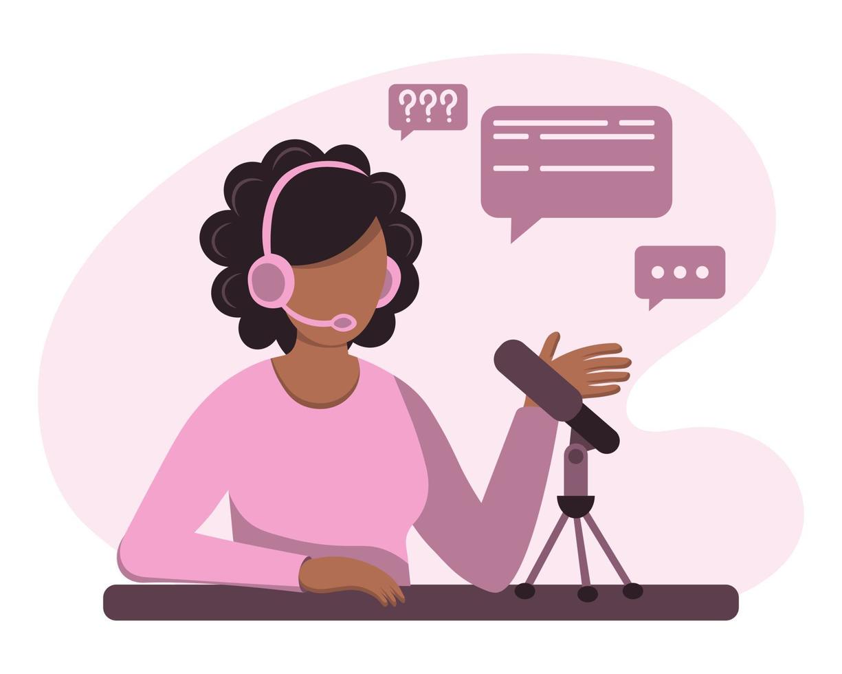 Office call center concept. A woman manager in headphones with a microphone works at a computer. Illustration, vector