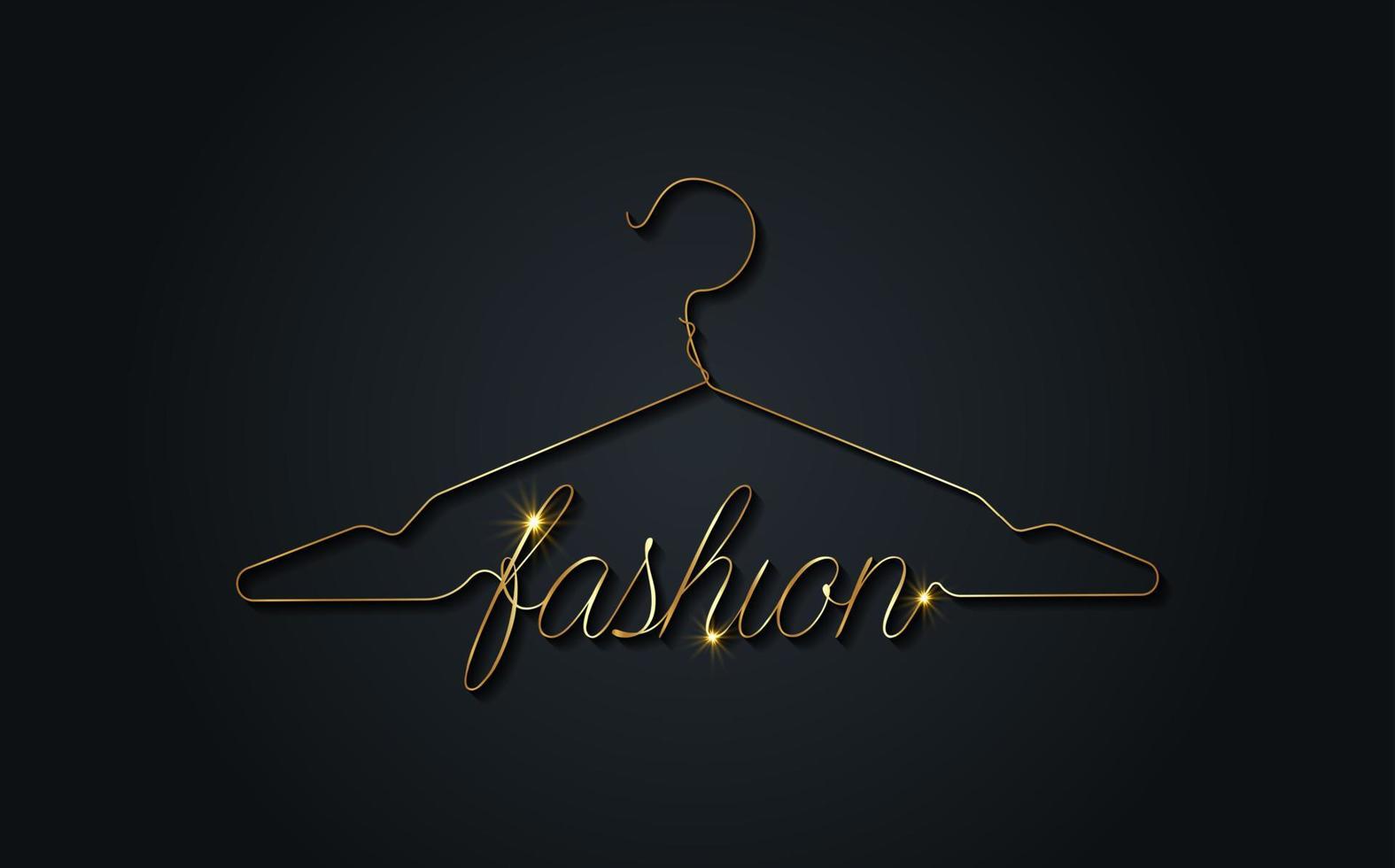 Creative fashion logo design. Gold vector sign with lettering and hanger symbol. Metallic Logotype calligraphy in line art style isolated on black background