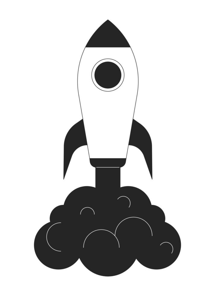 Launching rocket with dark smoke flat line black white vector object. Spacecraft. Editable cartoon style icon. Simple isolated outline spot illustration for web graphic design and animation