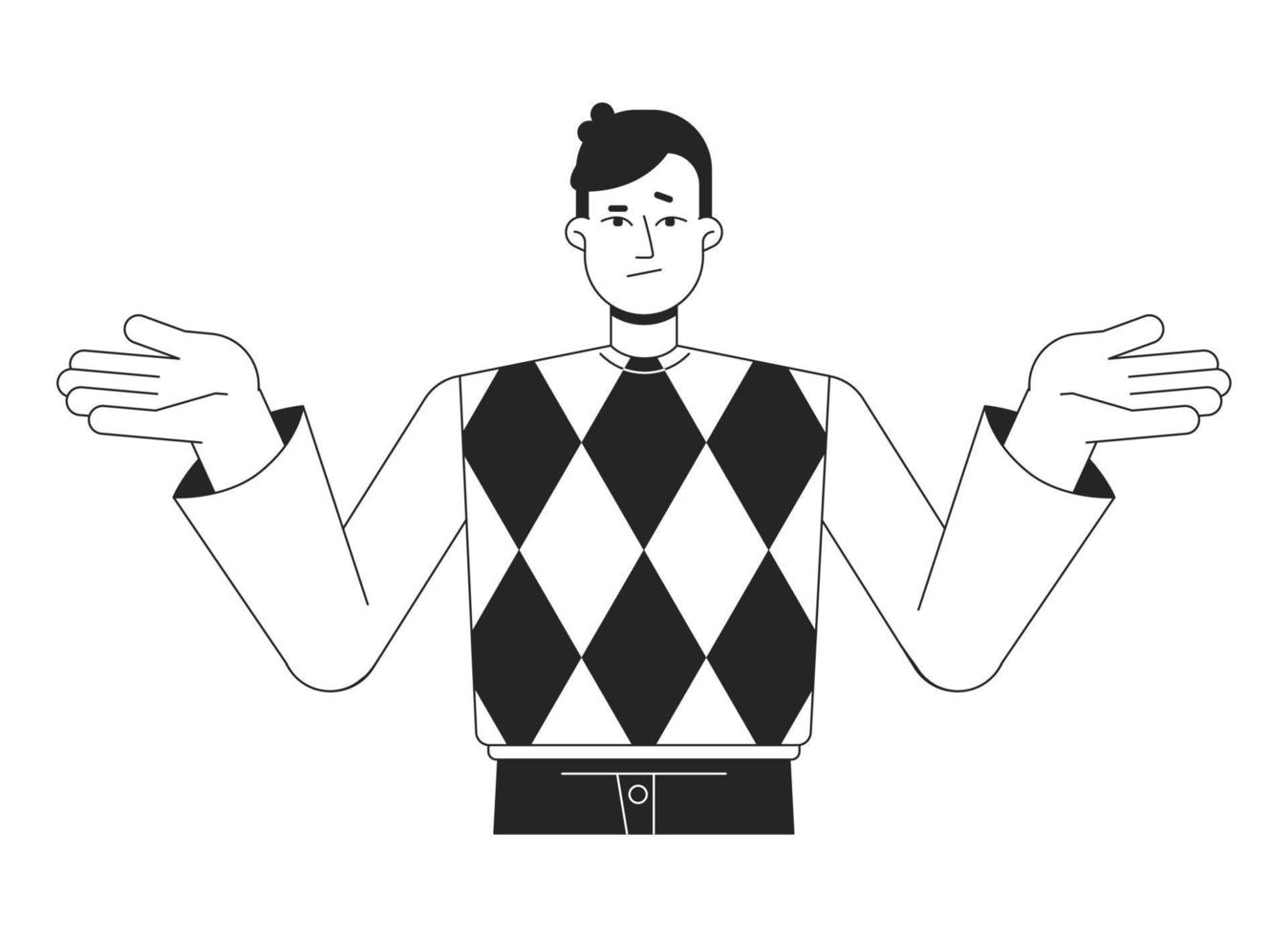 Frustrated man shrugging with hands up flat line black white vector character. Editable isolated outline half body person. Simple cartoon style spot illustration for web graphic design, animation