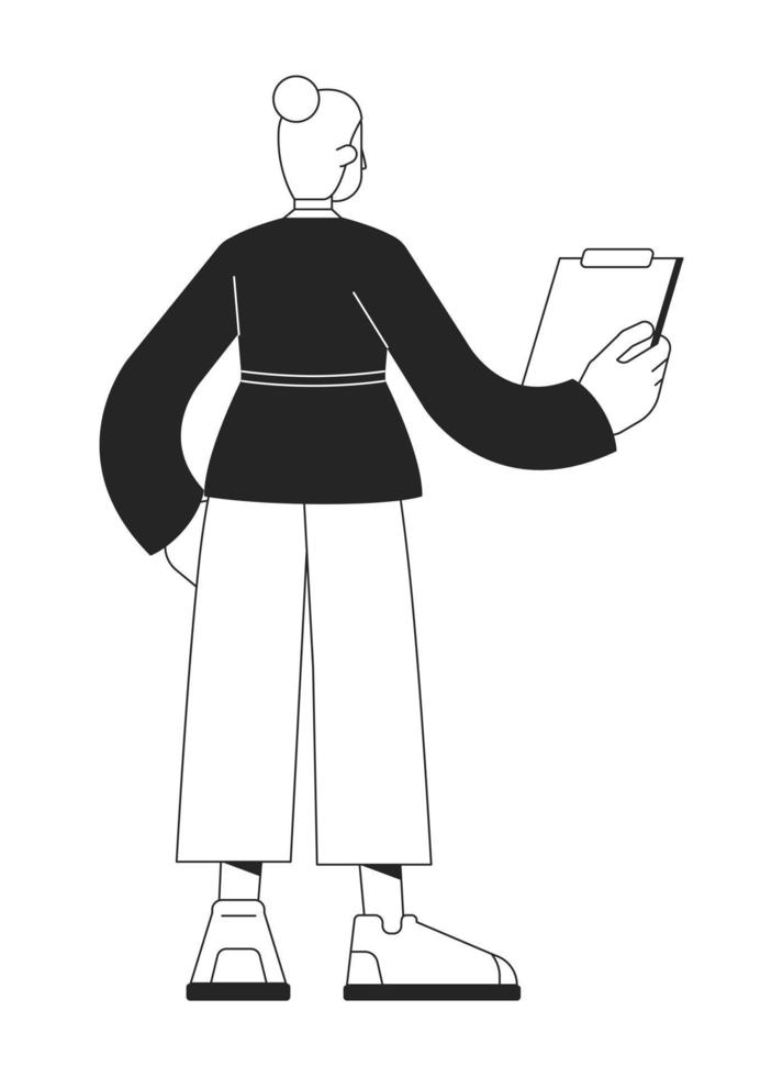 Woman conducting inventory audit flat line black white vector character. Editable isolated outline full body person. Inspector simple cartoon style spot illustration for web graphic design, animation