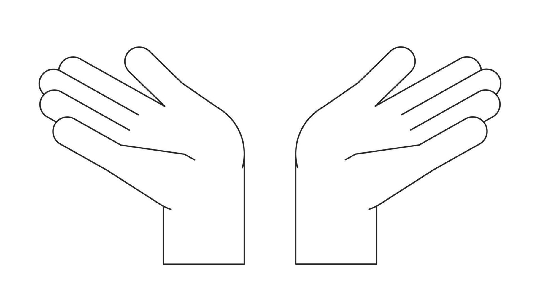Two bare palms raising up flat line black white vector first view hands. Editable isolated outline icon. Praising god simple cartoon style spot illustration for web graphic design, animation