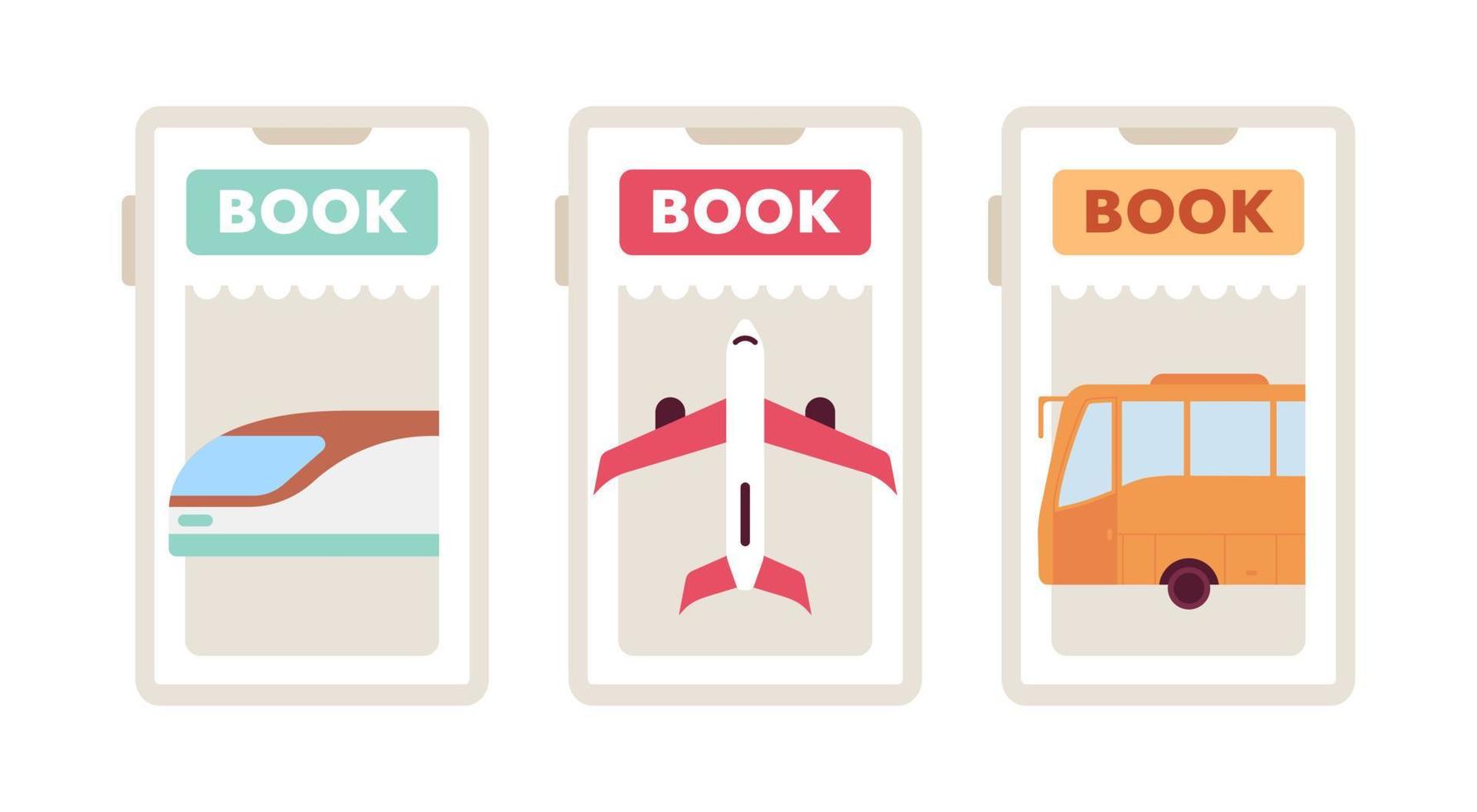 Booking bus, train, plane tickets app flat concept vector spot illustration set. Editable 2D cartoon objects on white for web UI design. Reservation creative hero image pack