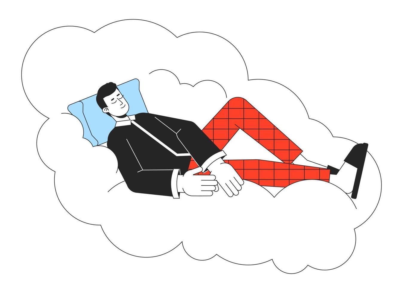 Good night sleep flat line concept vector spot illustration. Man sleeping peaceful on cloud 2D cartoon outline character on white for web app UI design. Mental health editable colorful hero image