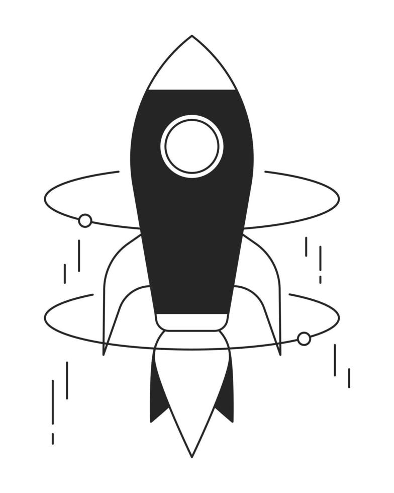 Rocket reaching high speed flat line black white vector object. Spacecraft, startup launch. Editable cartoon style icon. Simple isolated outline spot illustration for web graphic design and animation