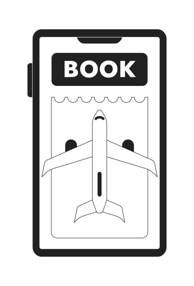 Booking plane ticket online on mobile phone monochrome concept vector spot illustration. Editable 2D flat bw cartoon object for web UI design. Cheap flight linear hero image