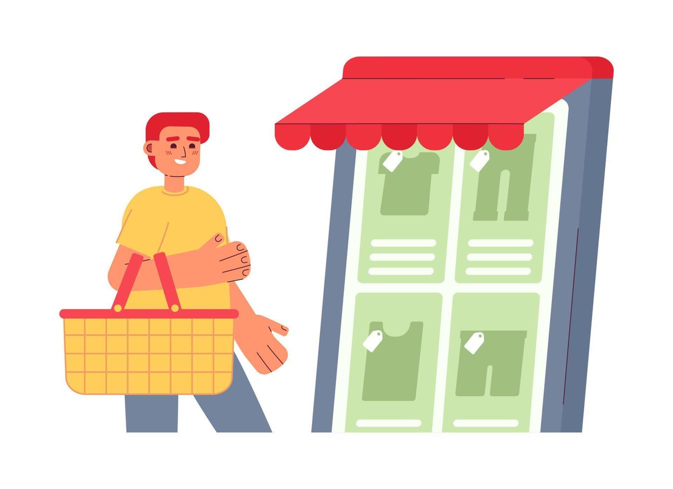 compras en en línea hombres ropa Tienda plano concepto vector Mancha ilustración. editable 2d dibujos animados personaje en blanco para web ui diseño. chico con cesta elegir vestir en Internet creativo héroe imagen