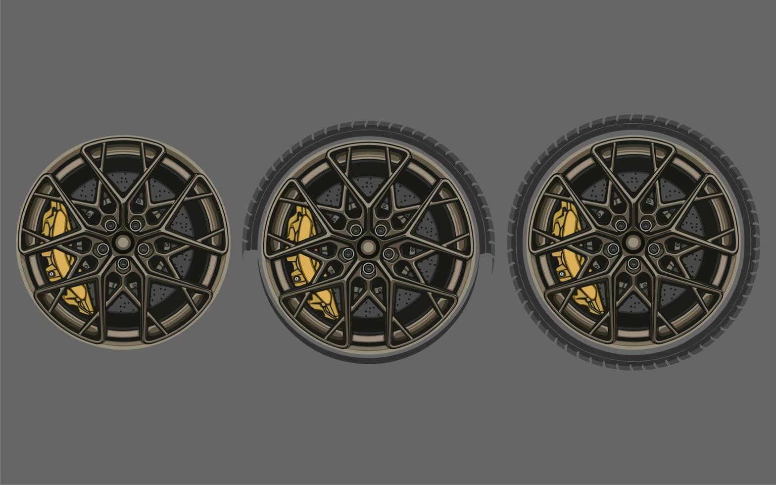 Car wheel and rims. Vector illustration, wheels gold silver black, Car Wheel 3D illustration, Car wheel, set. Realistic design. Vector illustration