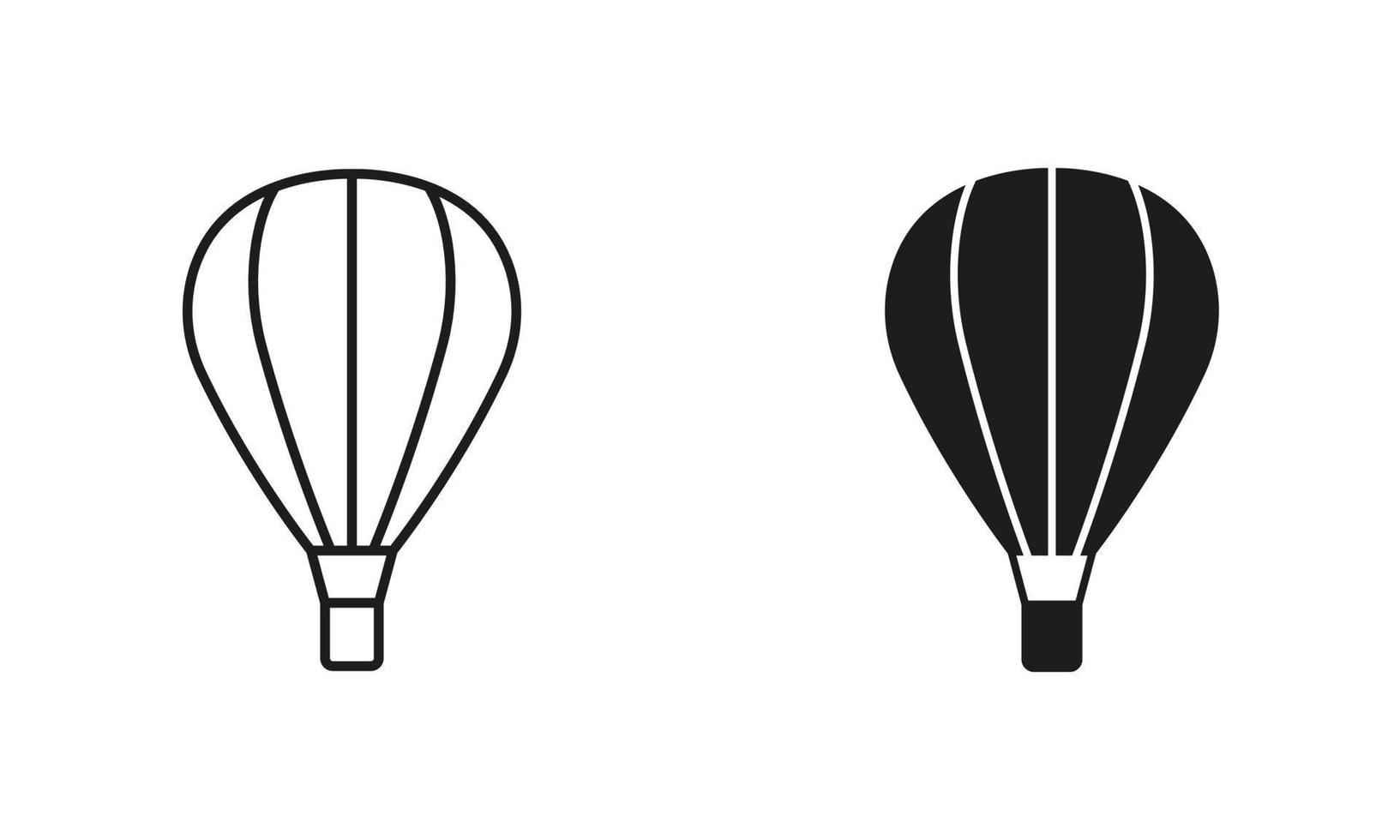 Hot Air Balloon with Basket Line and Silhouette Black Icon Set. Flight Baloon for Travel Pictogram. Fly Hotair Ballon for Sky Journey Outline and Solid Symbol Collection. Isolated Vector Illustration.