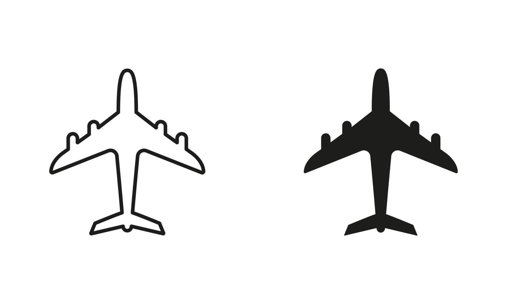 Airplane Line and Silhouette Black Icon Set. Aviation Jet, Air Plane Pictogram. Travel Tourism by Aircraft Outline and Solid Symbol Collection on White Background. Isolated Vector Illustration.