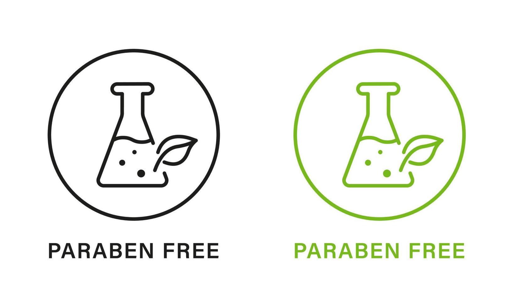 Paraben Chemical Free Green and Black Circle Stamp. No Preservative, Safety Bio Product Line Icon Set. Free Plastic. Eco Organic Cosmetic Label. Quality Food Symbol. Isolated Vector Illustration.