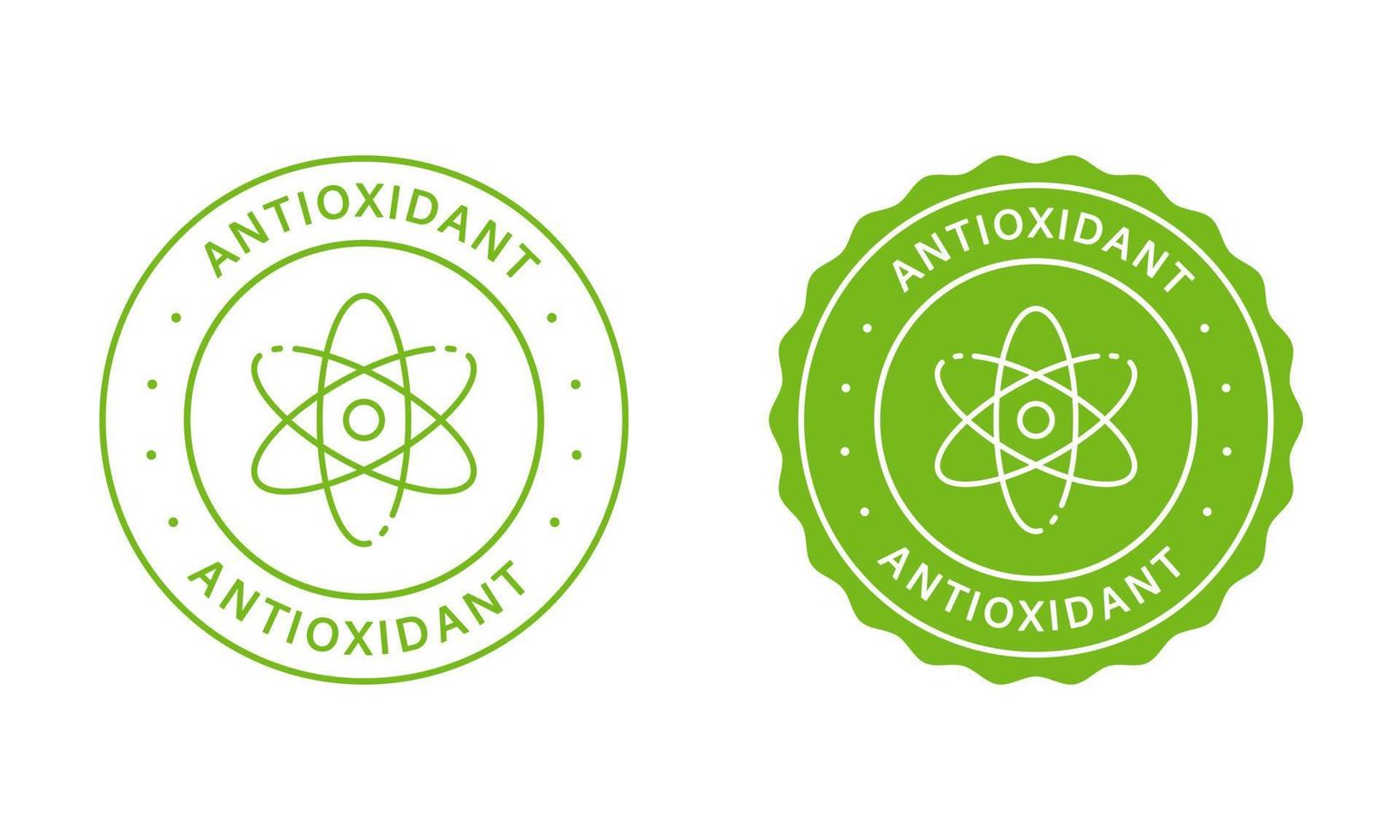 Natural Antioxidant Stamps Set. Healthy Organic Natural Product Green Label. Antioxidant Molecule Cell Logo. Antioxidant Detox Symbol. Isolated Vector Illustration.