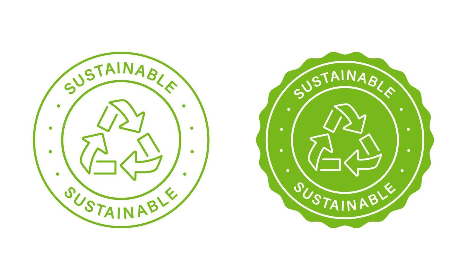 Sustainable Stamp Set. Green Label For Sustainable Natural Energy. Environmental Stickers. Arrow Sustainable Icon. Zero Waste Sign. Seal Biodegradable Food. Isolated Vector Illustration.