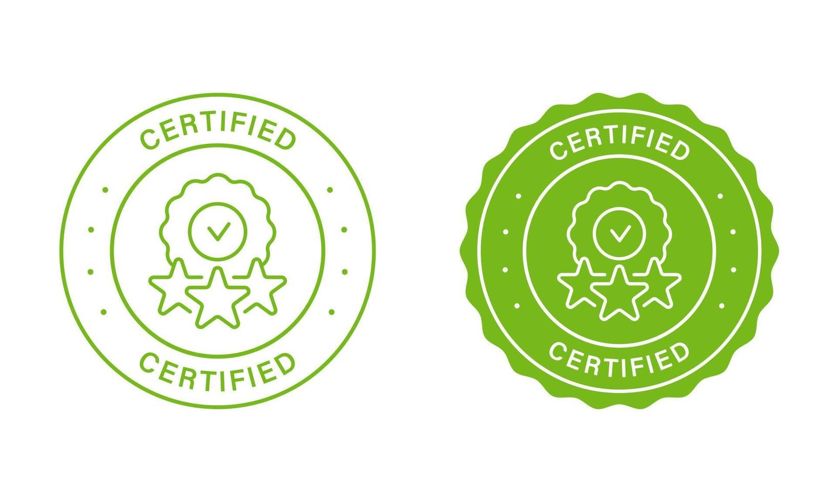 Certificate Quality Product Stamp Set. Safety Certified Green Labels. Certification Control Sticker. Authorized Security Sign. Certificate Of Origin Stamp Guarantee Icon. Isolated Vector Illustration.