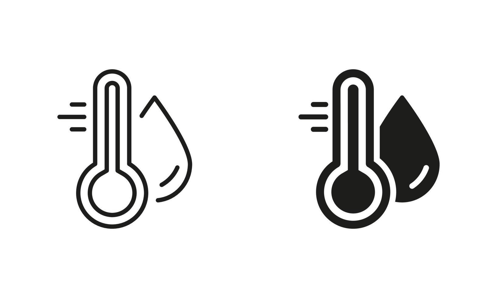 Water Temperature Indicator Silhouette and Line Icon Set. Mercury Thermometer and Water Drop Black Pictogram. Temperature and Humidity Level Sign Collection. Isolated Vector Illustration.