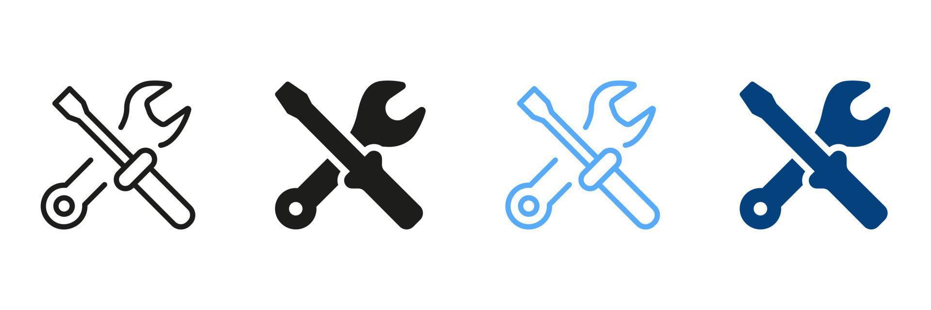 Tool Kit for Repair Symbol Collection. Toolbox for Fix Black and Color Sign. Toolkit Line and Silhouette Icon Set. Cross of Wrench and Screwdriver Pictogram. Isolated Vector Illustration.