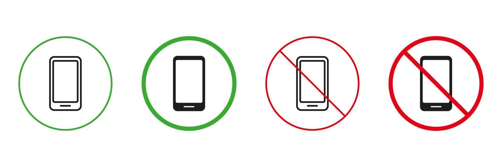 Use Smartphone Rule Red and Green Warning Signs. Telephone, Cellphone Line and Silhouette Icons Set. Allowed and Prohibited Use Mobile Phone Pictogram. Isolated Vector Illustration.