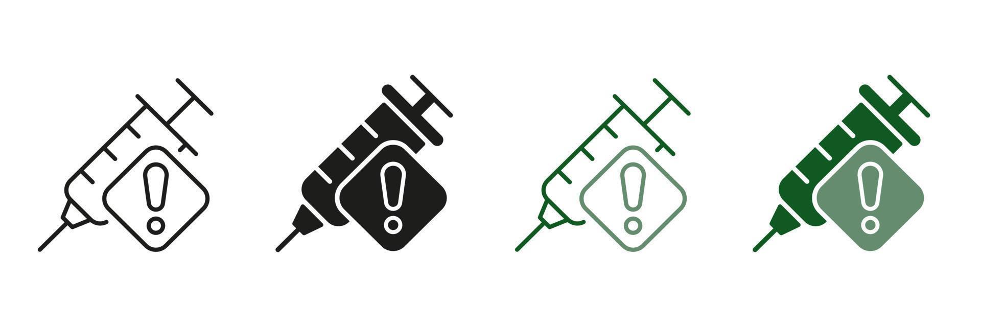 Vaccination Syringe with Alert Sign. Precautions About Drug, Dope, Narcotic Syringe Symbol Collection. Vaccine Warning Line and Silhouette Icon Set. Isolated Vector illustration.