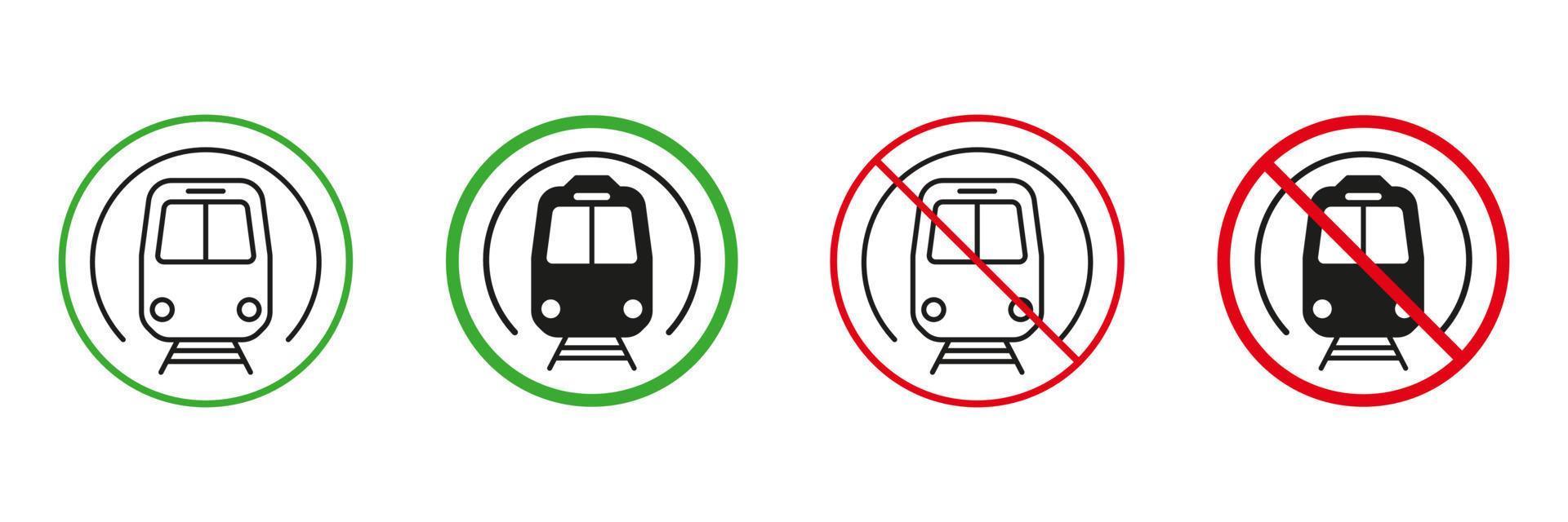 Metro Red and Green Road Warning Signs. Public Subway, Underground Station. Railway Transportation Permit and Not Allowed Signs. Train Line and Silhouette Icons Set. Isolated Vector Illustration.