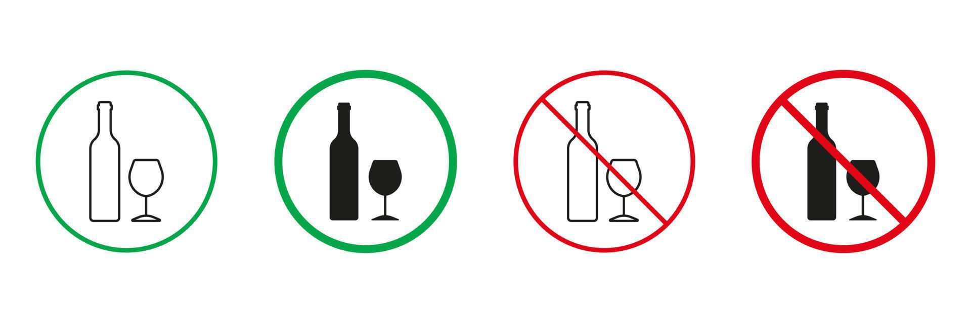 bebida alcohol zona rojo y verde advertencia señales. vino botella y vaso línea y silueta íconos colocar. permitido y prohibido zona para bebida alcohol pictograma. aislado vector ilustración.