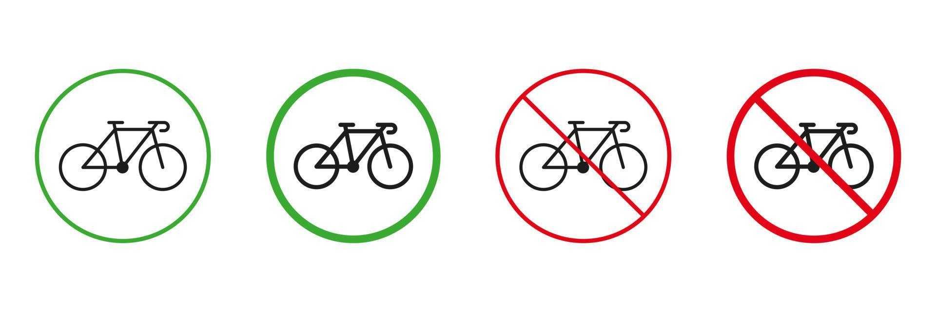 Bike Red and Green Road Warning Signs. Bicycle Transportation Permit and Not Allowed Traffic Signs. Bike Race Line and Silhouette Icons Set. Isolated Vector Illustration.