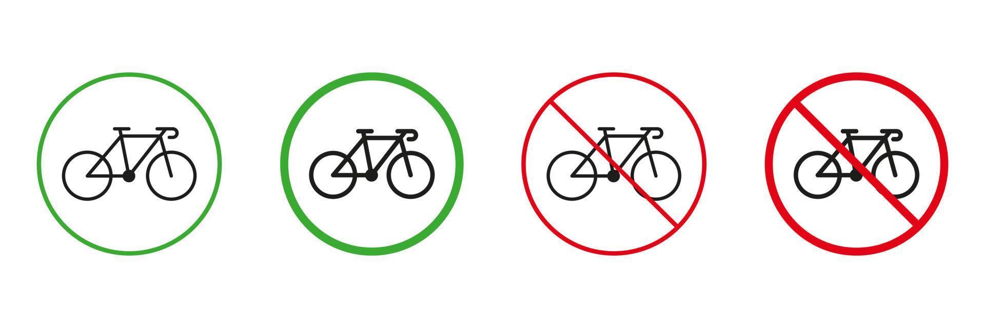 bicicleta rojo y verde la carretera advertencia señales. bicicleta transporte permiso y no permitido tráfico señales. bicicleta carrera línea y silueta íconos colocar. aislado vector ilustración.