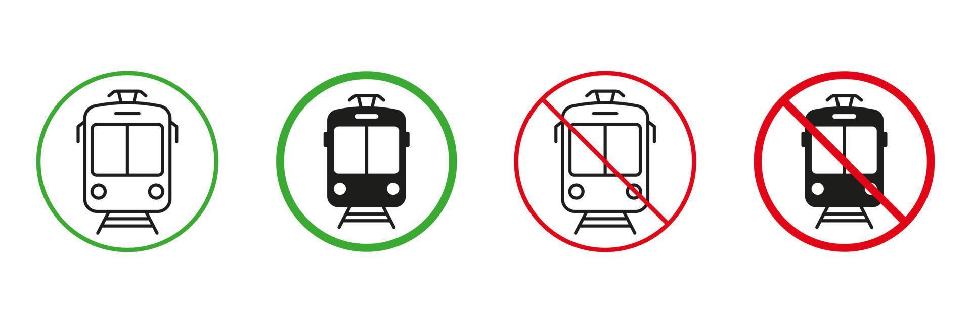 Tramway Line and Silhouette Icons Set. Electric Streetcar, Permit and Not Allowed Transportation Symbol Collection. Tram Way Red and Green Road Signs. Isolated Vector Illustration.
