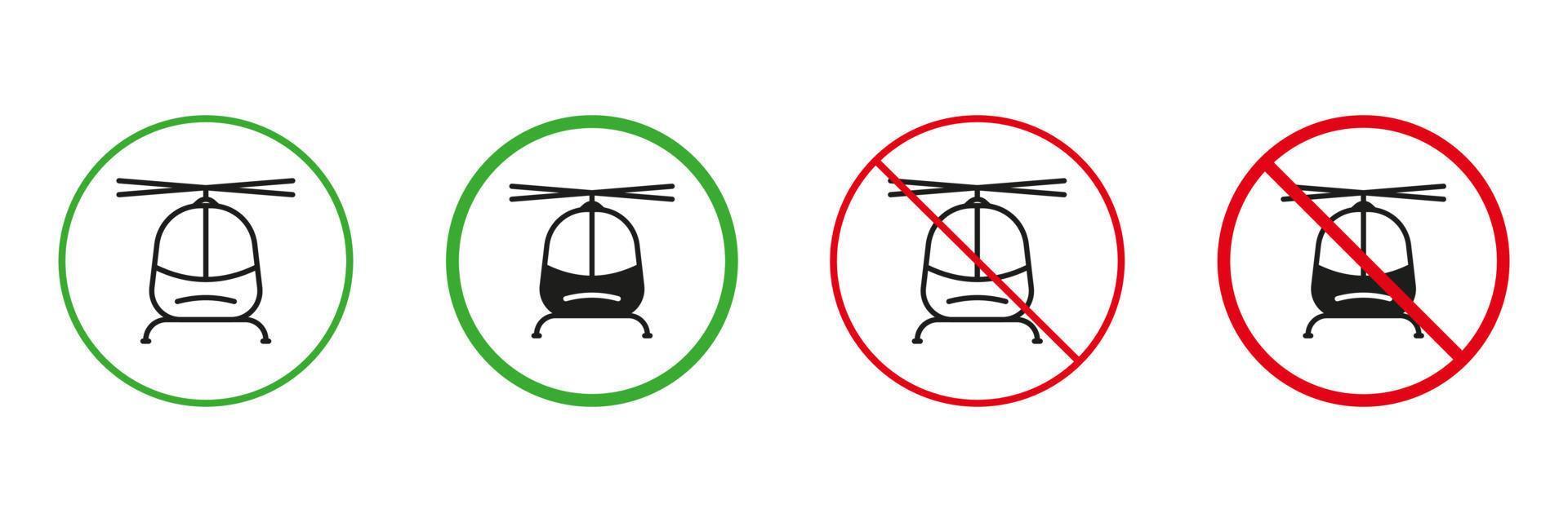 helicóptero rojo y verde la carretera advertencia señales. helicóptero permiso y no permitido tráfico señales. vuelo aire transporte, aviación, helicóptero línea y silueta íconos colocar. aislado vector ilustración.