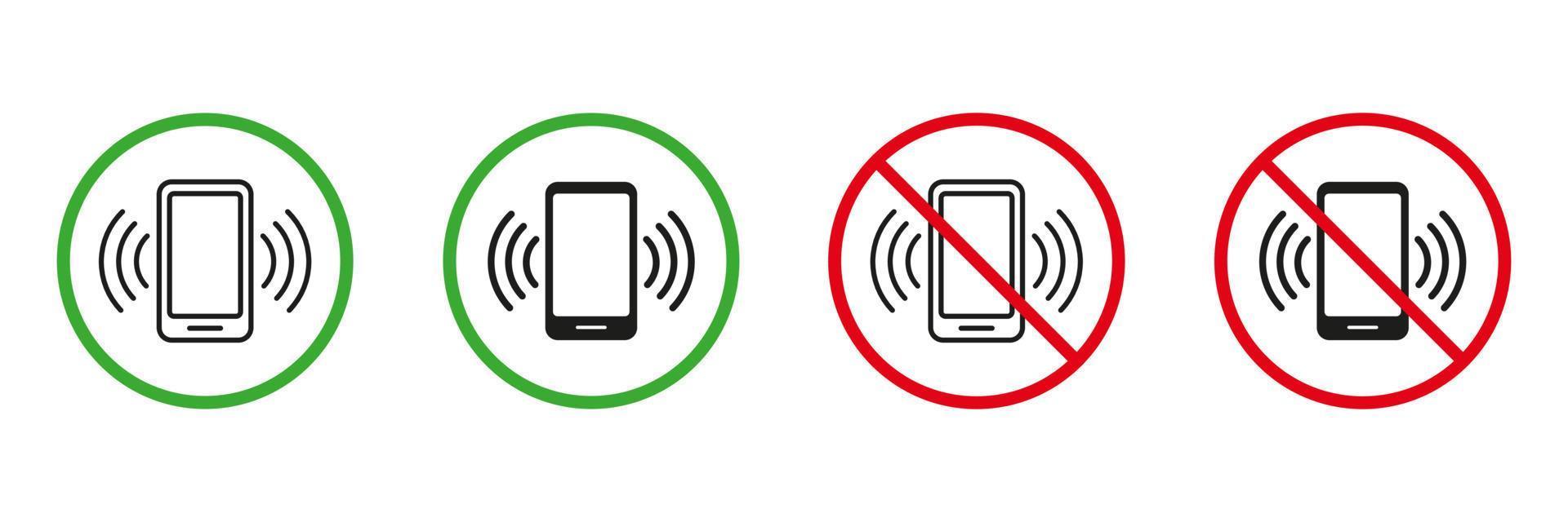 Mobile Phone Call Red and Green Warning Signs. Cell Phone Zone Line and Silhouette Icons Set. Allowed and Prohibited Area for Use Smartphone Pictogram. Isolated Vector Illustration.