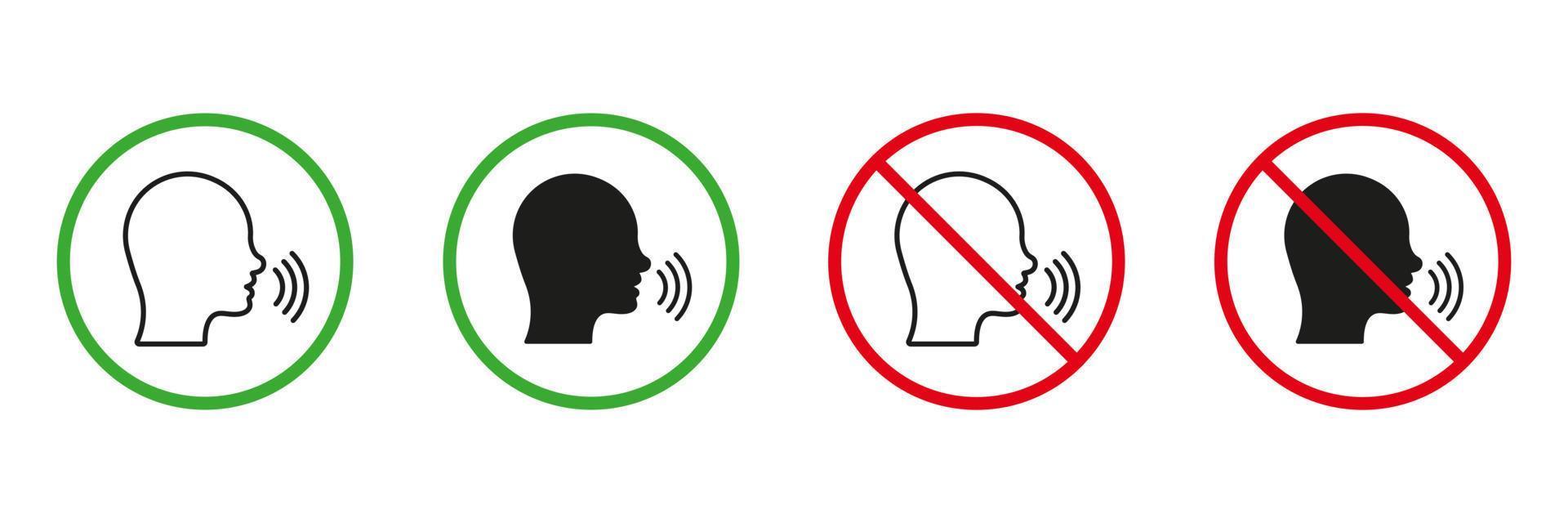 Man Talk Red and Green Warning Signs. Please Keep Silence Line and Silhouette Icons Set. Allowed and Prohibited Speak Zone, Loud and Noise Area Pictogram. Isolated Vector Illustration.