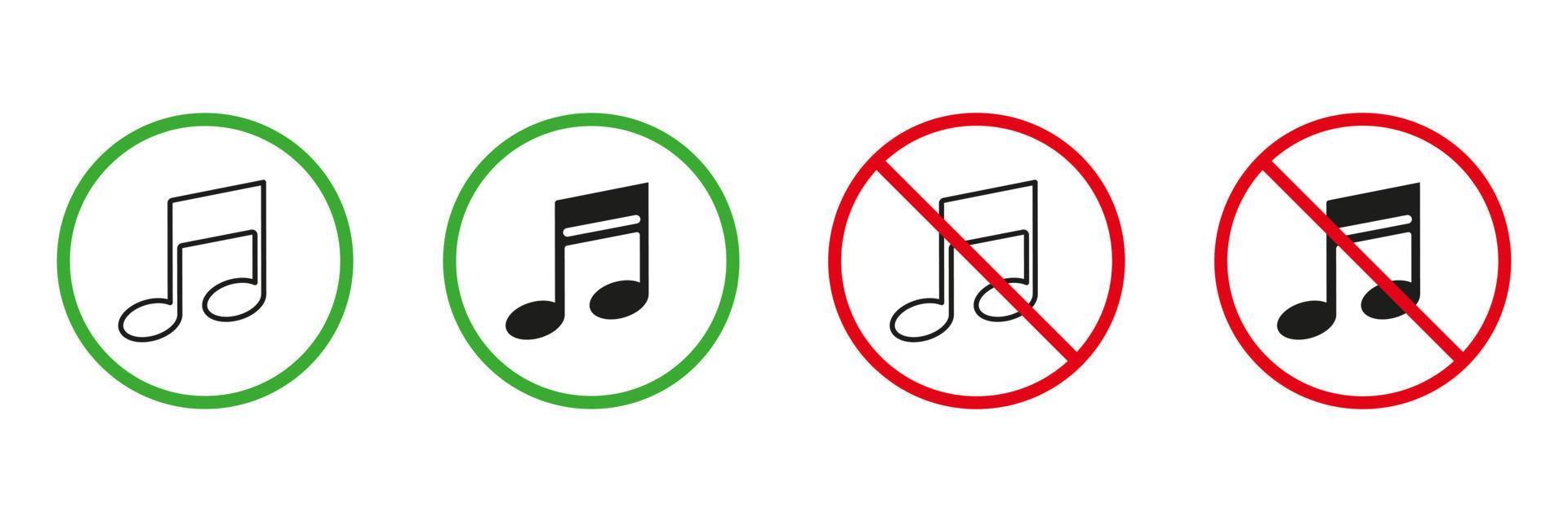 Music Area Red and Green Warning Signs. Silence Zone, Musical Note Line and Silhouette Icons Set. Allowed and Prohibited Place for Sing Music Pictogram. Isolated Vector Illustration.