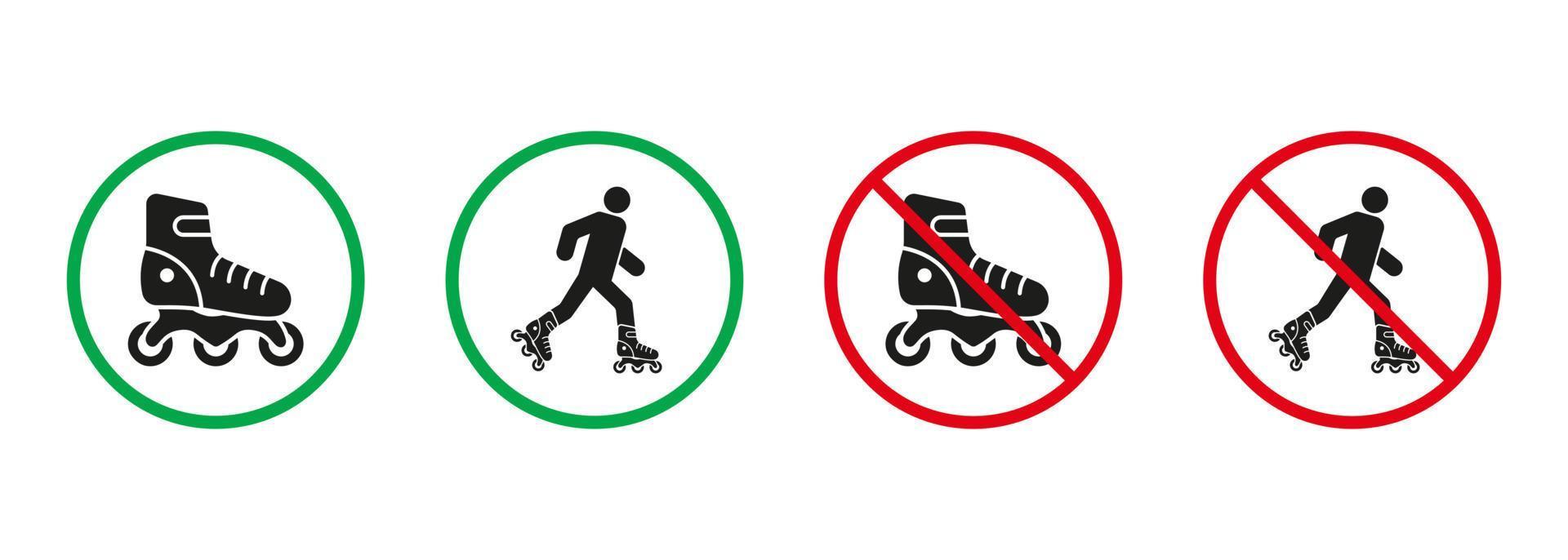 hombre en rodillo patinar rojo y verde señales. patinar silueta íconos colocar. permitido y prohibido patín, entrada con eco transporte pictograma. aislado vector ilustración.