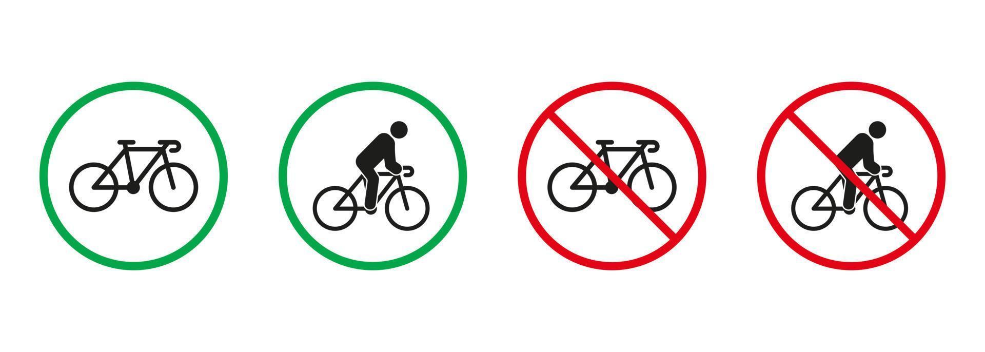 hombre en bicicleta rojo y verde señales. ciclista silueta íconos colocar. permitido y prohibido conducir bicicleta tráfico pictograma. bicicleta carrera lugar. aislado vector ilustración.