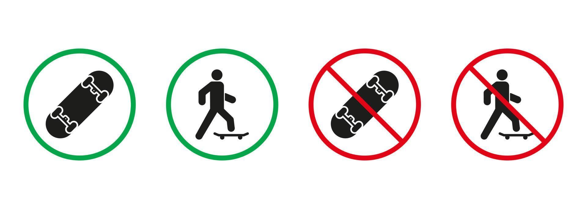 hombre en patineta rojo y verde señales. persona en patinar tablero silueta íconos colocar. permitido y prohibido entrada con eco transporte pictograma. aislado vector ilustración.