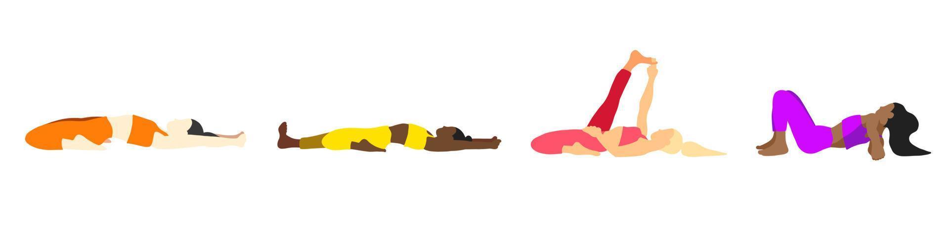 flexibilidad yoga poses recopilación. europeo, africano, asiático femenino, dama, mujer, muchacha. pilates, mental salud, capacitación, gimnasia. vector ilustración en dibujos animados plano estilo aislado en blanco antecedentes.