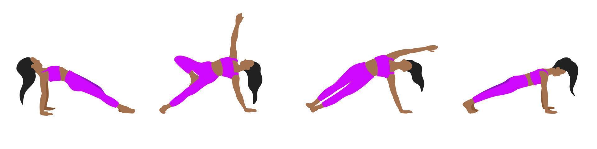flexibilidad yoga poses recopilación. africano americano pelo largo femenino, dama, mujer, muchacha. pilates, mental salud, capacitación, gimnasia. vector ilustración en dibujos animados plano estilo aislado en blanco antecedentes.