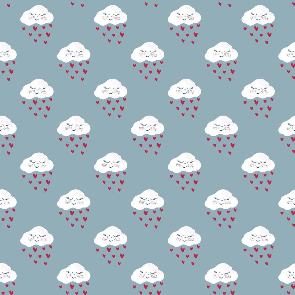 Lovely pattern with kawaii smiling clouds and hearts rain. Hand drawn vector illustration in retro colors. Cute background for romantic party, valentines.