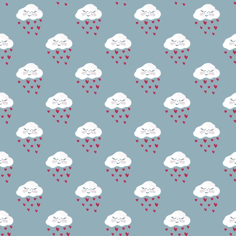 Lovely pattern with kawaii smiling clouds and hearts rain. Hand drawn vector illustration in retro colors. Cute background for romantic party, valentines.