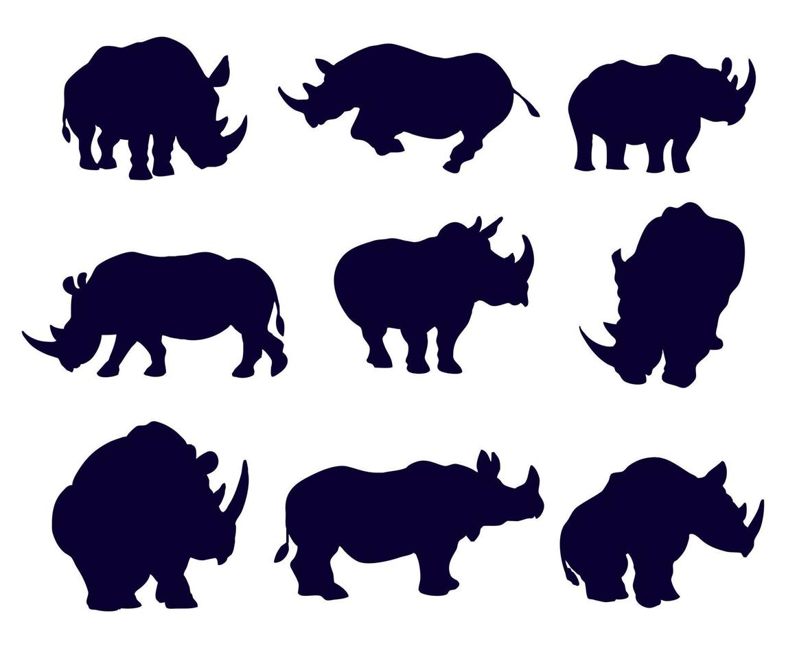 Set of nine silhouettes of rhinos vector