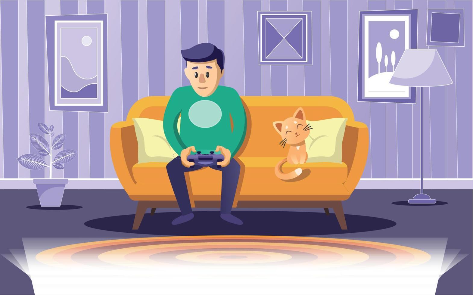 Illustration of a boy at home playing games vector