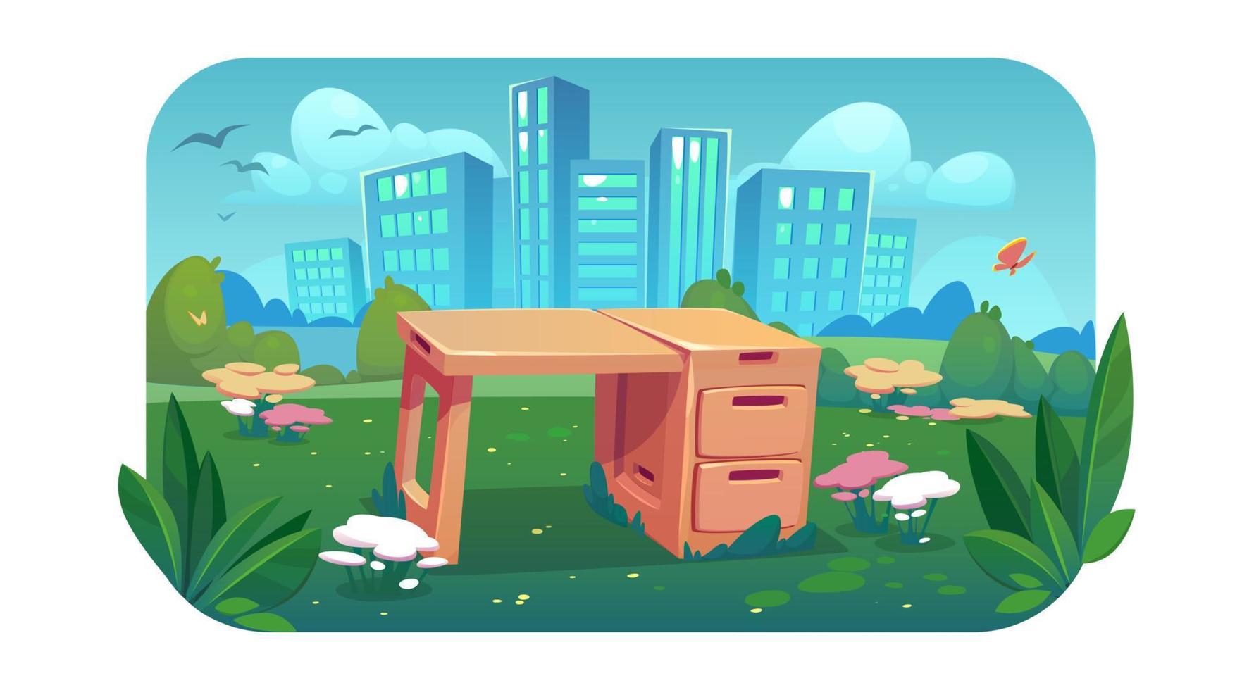 Office desk in city park vector background scene