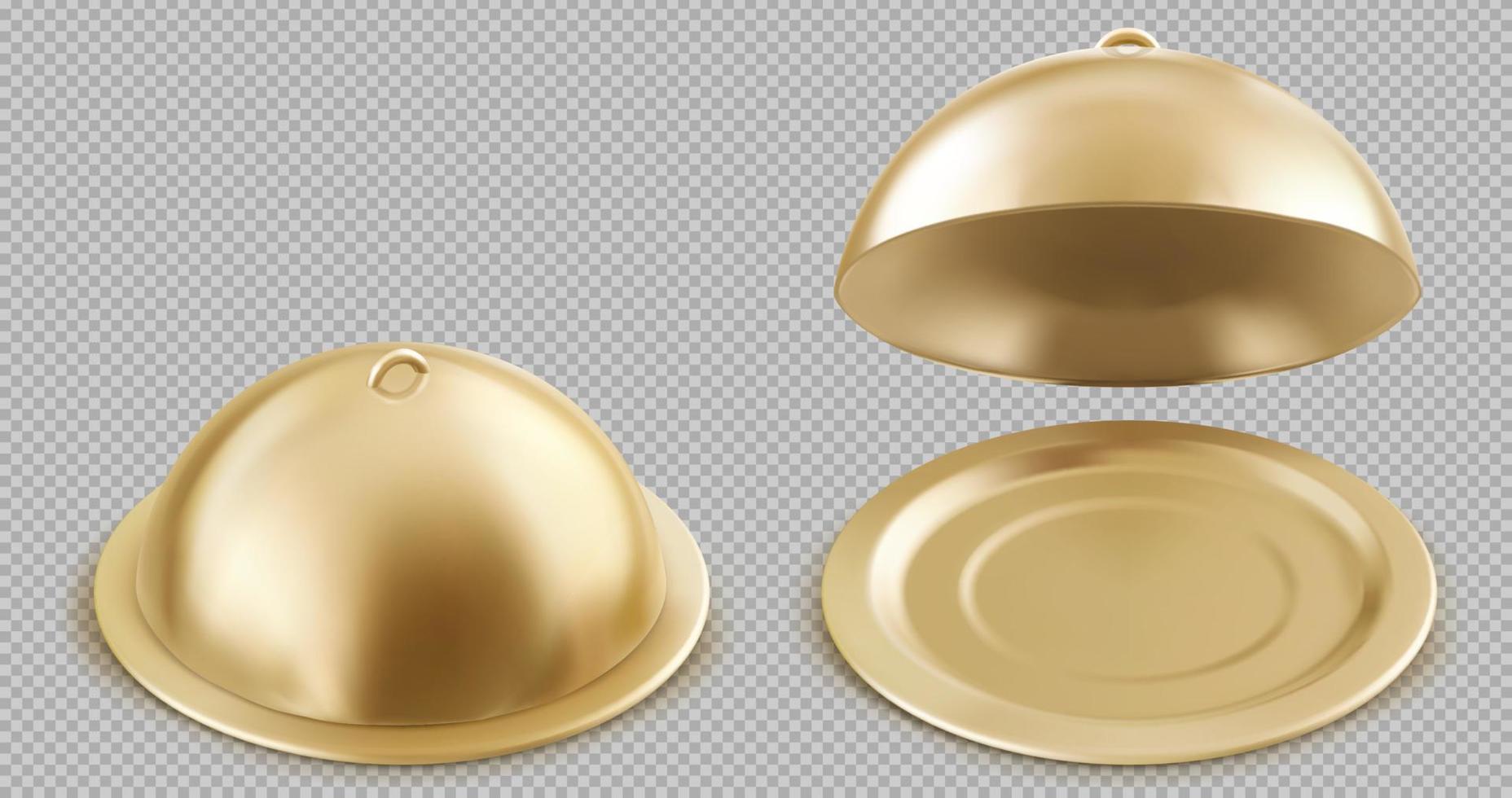 Realistic open and closed golden cloche food trays vector