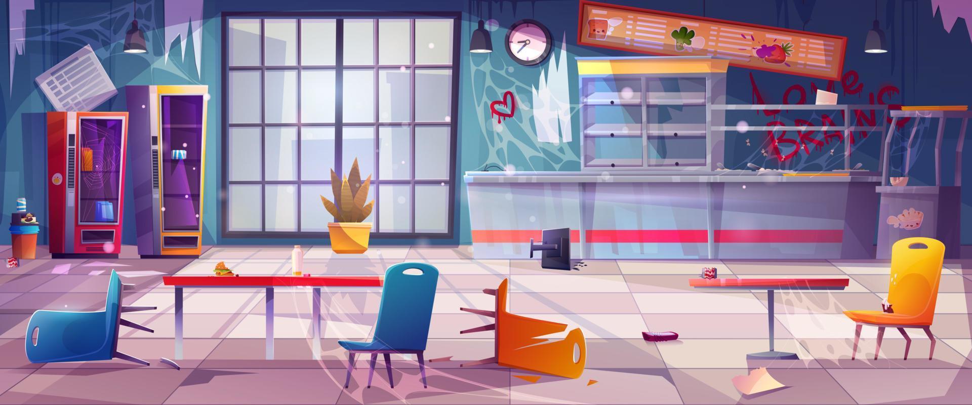Dirty cafeteria with mess and broken furniture vector