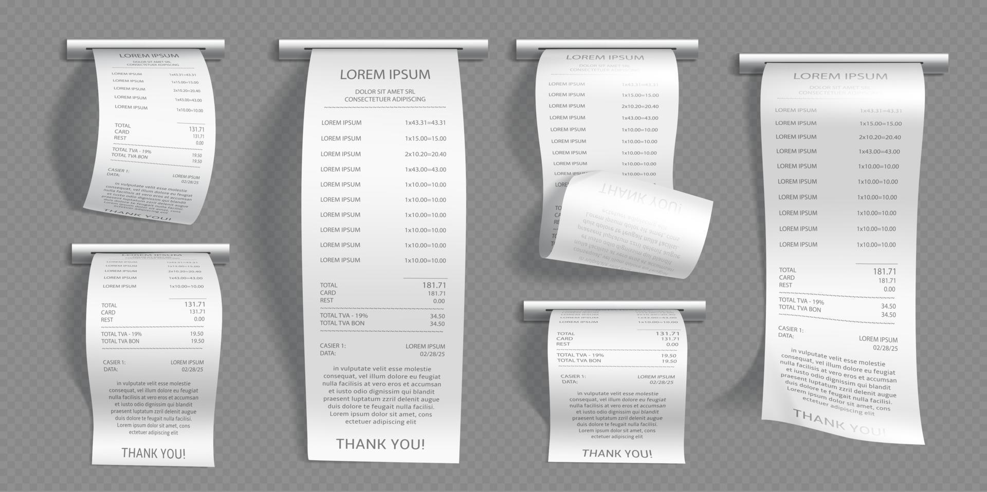 Realistic set of shop receipts on gray background vector