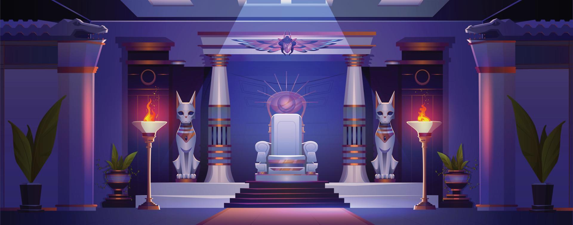 antiguo trono en oscuro egipcio palacio a noche vector