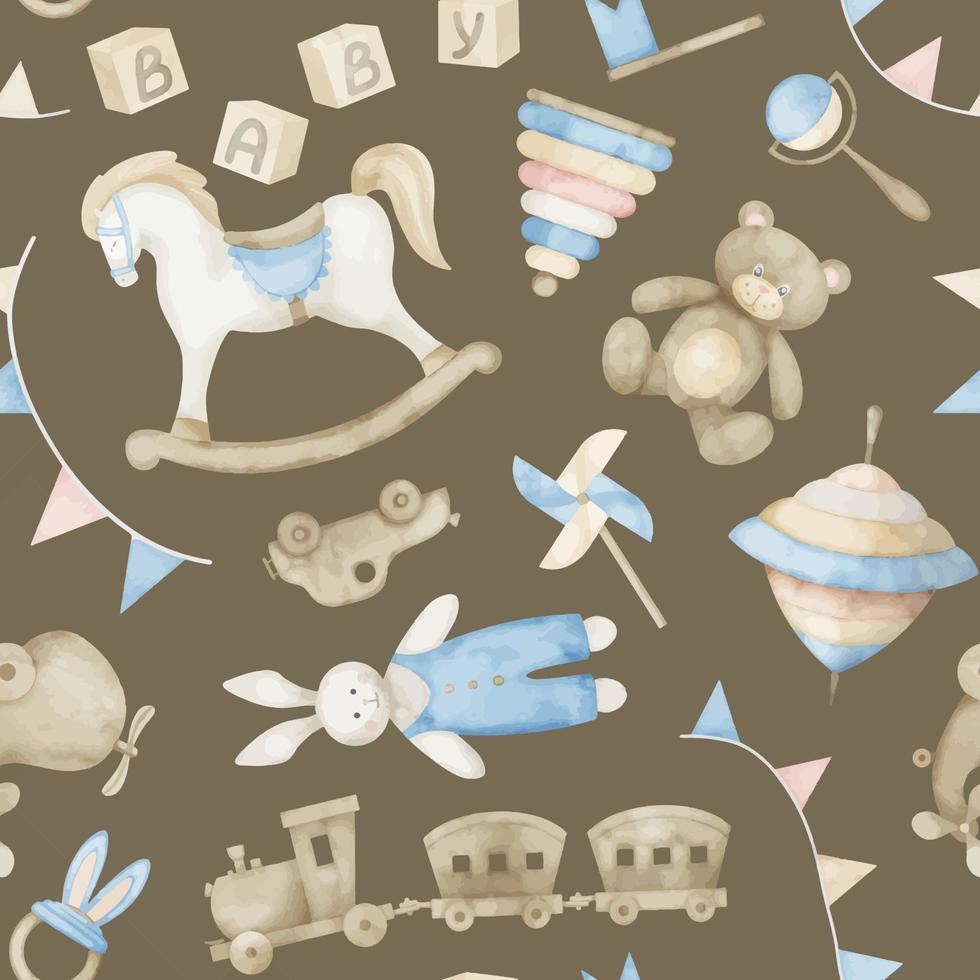 Baby Toys seamless Pattern in brown background. Hand drawn water vector